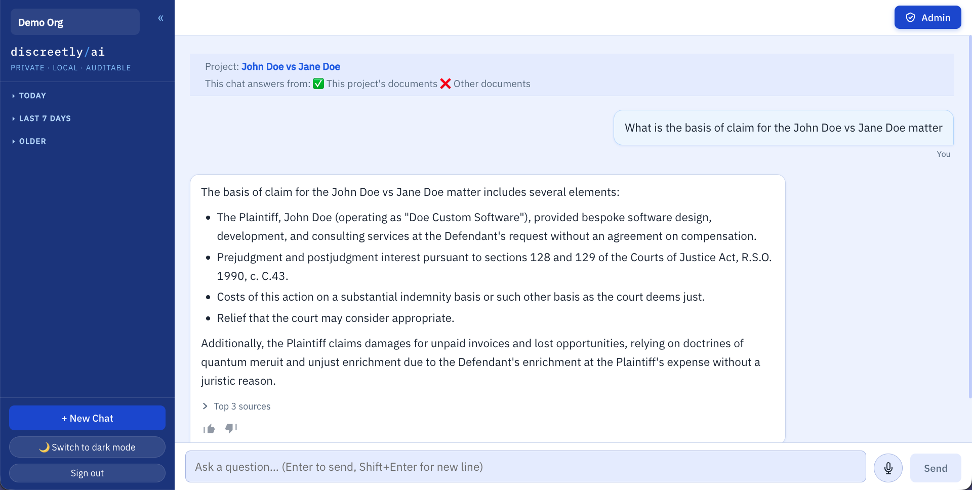 Discreetly AI chat scoped to a project, answering a question using only that project's tagged documents