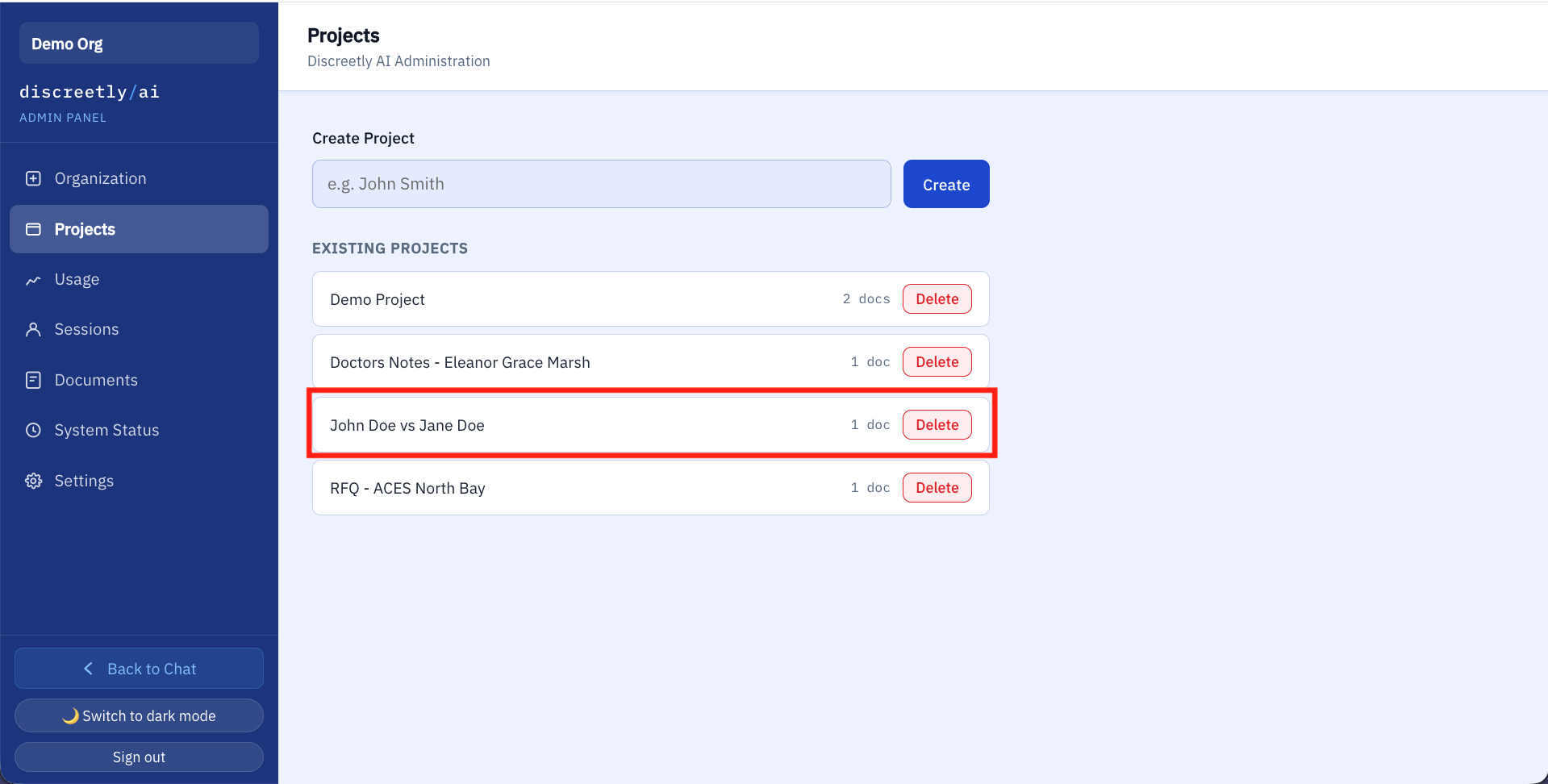 Creating a new project named John Doe vs Jane Doe in the Discreetly AI admin panel
