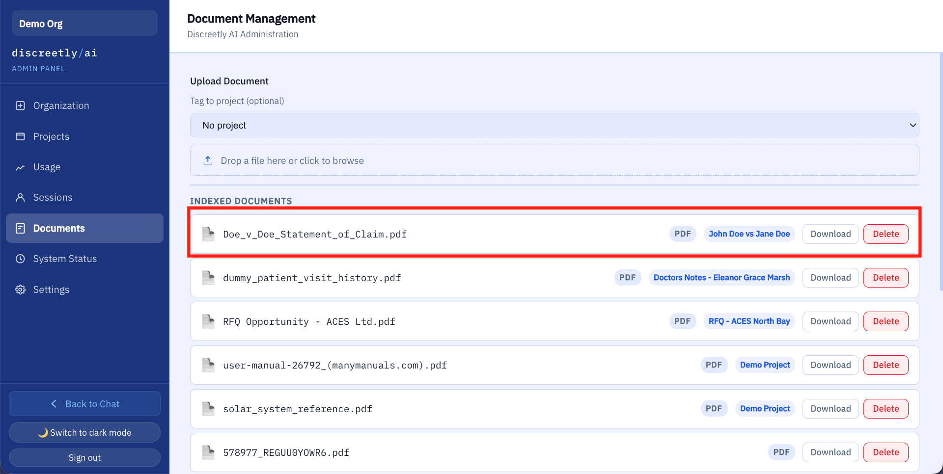 A document tagged to the John Doe vs Jane Doe project in Discreetly AI's document management view